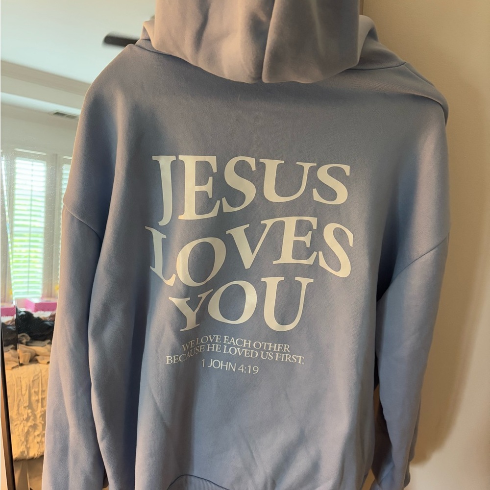 Blue Hoodie with 'Jesus Loves You' Print
